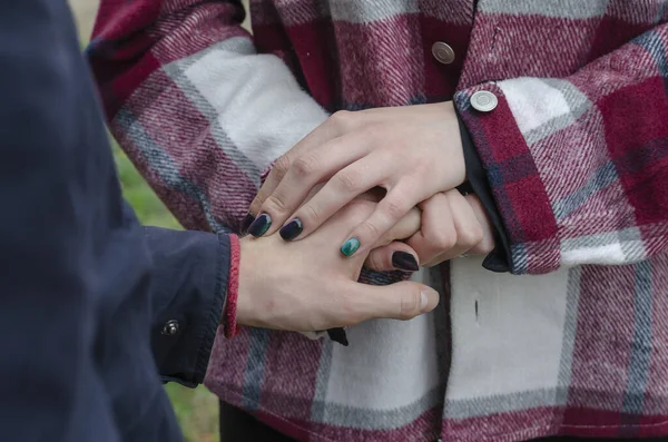 Touching Female Male Hands Close Young Woman Plaid Shirt Holds — Stock Photo, Image