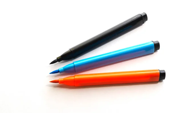 Three New Multi Colored Felt Tip Pen White Background Black — Stock Photo, Image