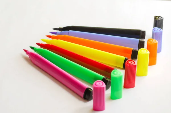 Set New Colorful Felt Tip Pens White Background Seven Brightly — Stock Photo, Image