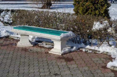Güneşli bir kış gününde antika stili bir sokak bankı. Dekoratif çalıların ve karla kaplı çimlerin arkasında boş bir taş bank..
