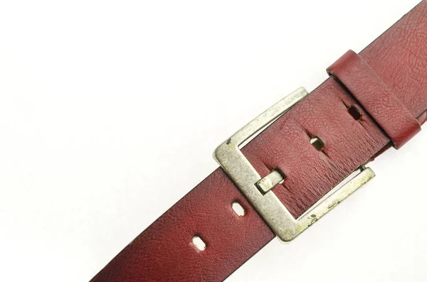 Cropped Detail Shot Red Leather Belt White Background Old Worn — Stock Photo, Image