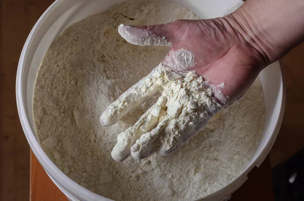 Homem Mergulha Mão Grande Balde Plástico Farinha Trigo Mão Mergulhada — Fotografia de Stock