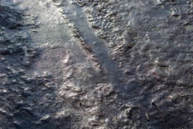 Sokakta kaldırımda donmuş su birikintisi var. Kirli buzun dokusu. Yukarıdan bir açıdan bak. Arkaplana odaklan.