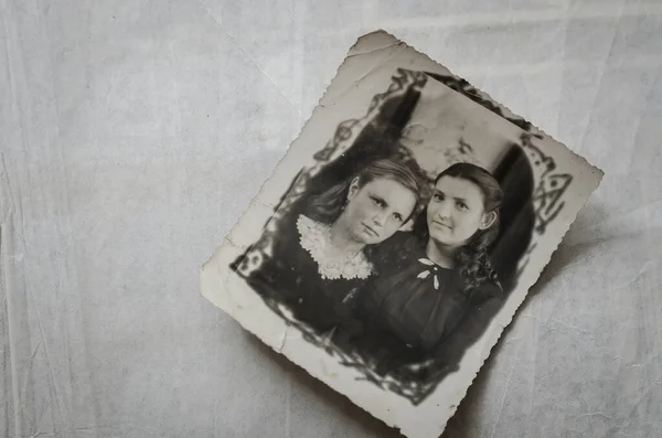 Foto Vintage Duas Meninas Bonitas Velho Retrato Preto Branco Duas — Fotografia de Stock