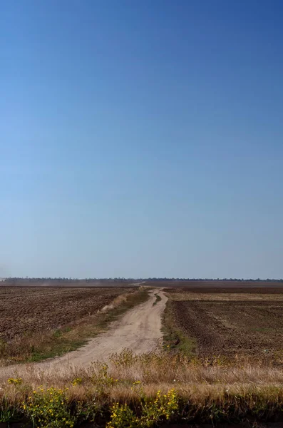 Špinavá Cesta Mezi Oranými Zemědělskými Poli Úrodná Půda Sklizni Proti — Stock fotografie