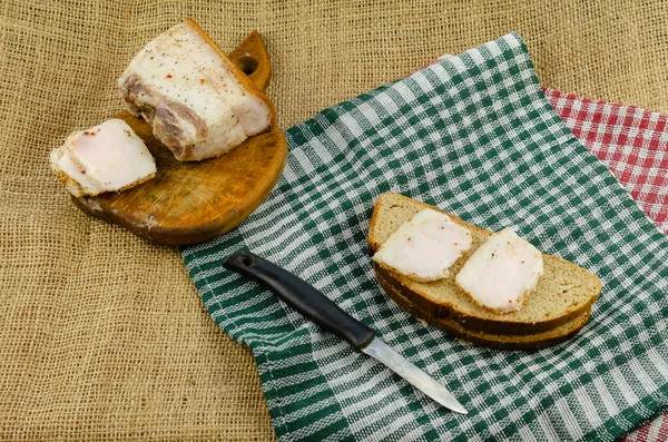 Cucina Tradizionale Ucraina Strutto Salato Panino Vecchio Coltello Sacco Pronto — Foto Stock