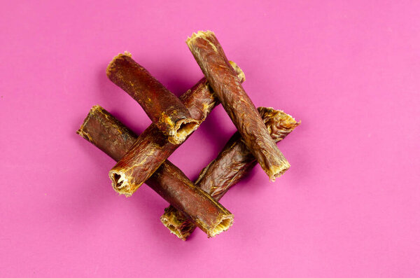 Природные здоровые лакомства для собак 100% премиум качества. Говяжий пищевод, буйволиные потроха на розовом фоне. Обезвоживание мяса. Собачья еда, жевательные лакомства, припасы для домашних животных. Крупный план, избирательный фокус.