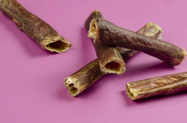 Köpekler için% 100 kaliteli doğal sağlıklı ikramlar. Kurutulmuş et özofagusu, pembe arka planda bufalo sakatatı. Susuz et. Köpek maması, sakız, evcil hayvan malzemeleri. Yakın çekim, seçici odaklanma.