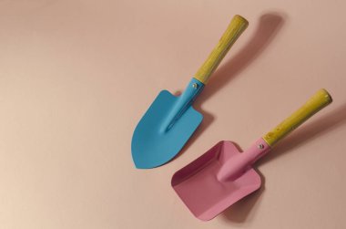 Pembe arka planda mavi ve pembe bahçe kürekleri olan minimalist kompozisyon. Tahta saplı kürekler. Bahçe aletleri, el aletleri