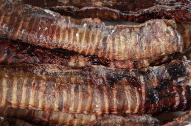 Kurutulmuş sığır nefes borusu, tam kare. Doğal Çiğnenebilir Evcil Hayvanlar. Yakın plan. Seçici odak.