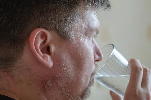 Man Beard Mustache Drinks Water Glass Adult Man Holds Transparent — Stock Photo, Image