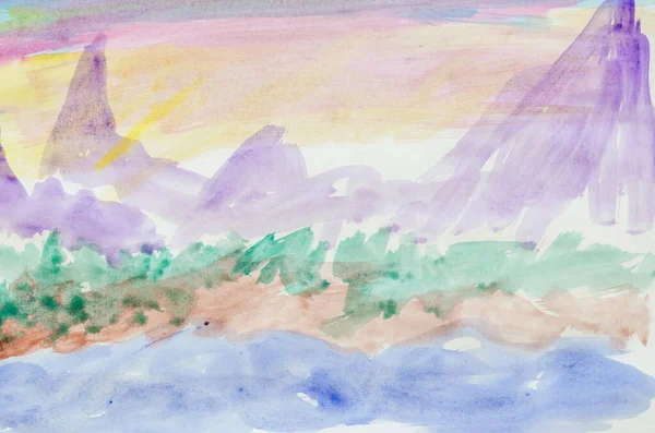 Diy 学习绘画 业余爱好 在纸上画一张画 第七步 在中间涂上紫色的颜料 勾勒出山脉的轮廓 — 图库照片