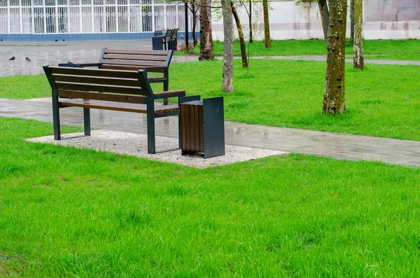 Banc Parc Vide Humide Sur Fond Pelouse Verte Aire Loisirs — Photo