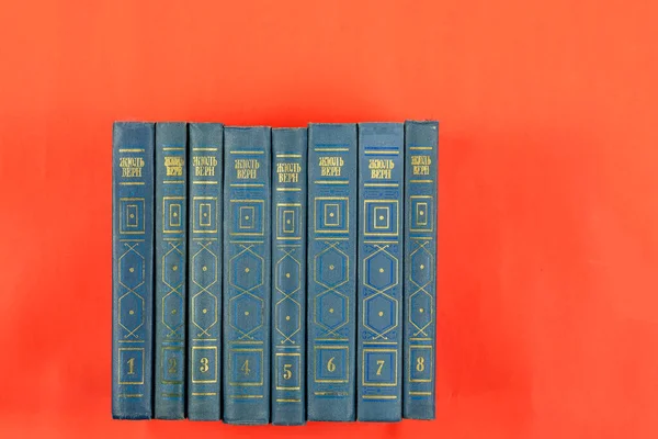 Books Classical Literature Red Background Collected Works Jules Verne Volumes — Stock Photo, Image