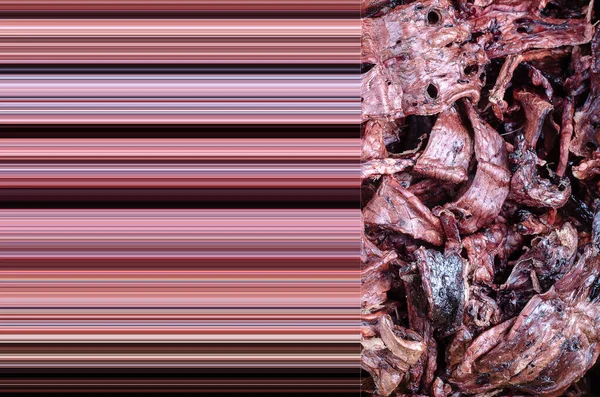 Helpful treats for pets. Dried beef lungs. Full frame of dried treat pieces. Beef jerky for dogs. Top view, no people. Pixel Stretch Effect