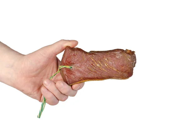 Ein Mann Demonstriert Appetitanregendes Trockenfleisch Vor Weißem Hintergrund Seiner Hand — Stockfoto