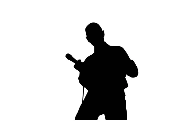 Silhouette Nera Cantante Rock Con Microfono Mano Sfondo Bianco — Vettoriale Stock