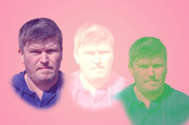 Mercan zemin üzerinde birden fazla pozlanmış erkek portresi. Kendine güvenen yetişkin bir erkeğin üç renkli portresi. Her durumda sakinlik bir kavramdır. Birleşik resim.