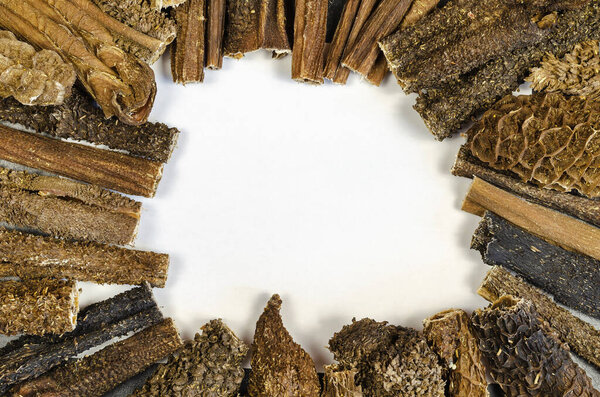 Маркетинг и реклама животноводческой продукции. Собака лечит белой пустой копией пространства в центре. Сушеная говядина в желудке. Естественно сушеные лакомства для собак. Pet.