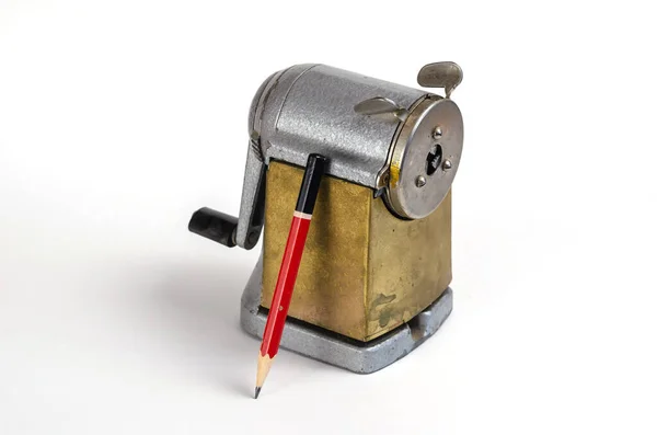 Wooden Pencil Vintage Sharpener White Background Manual Metal Tool Sharpening — Stock Photo, Image