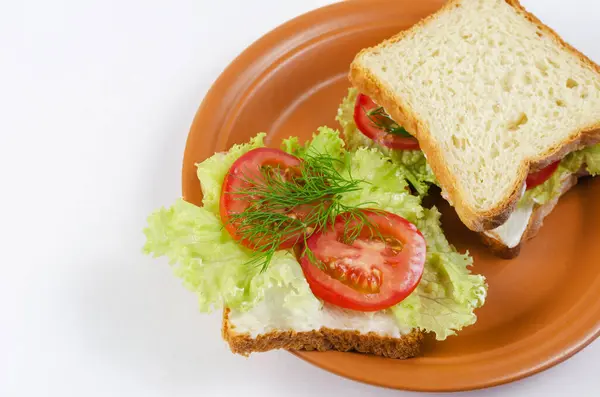 Vegetable Sandwiches Brown Clay Plate White Background Square Sandwiches Tomato — Stock Photo, Image