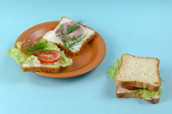 Schinkensandwich Und Brauner Teller Auf Hellblauem Hintergrund Fertignahrung Schinken Tomaten — Stockfoto