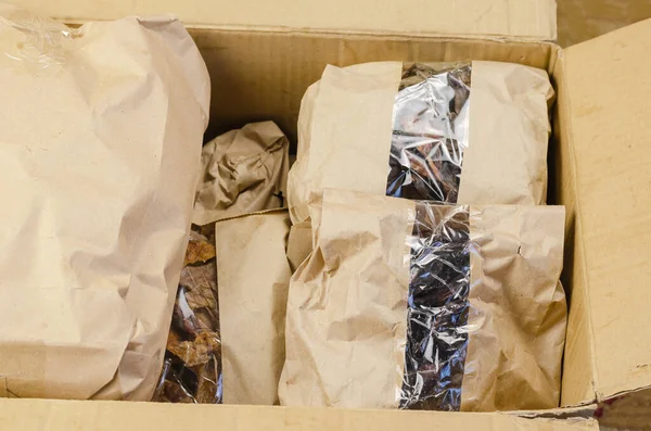 Pet Treats Brown Paper Bags Window Cardboard Box Full Assorted — Stock Photo, Image