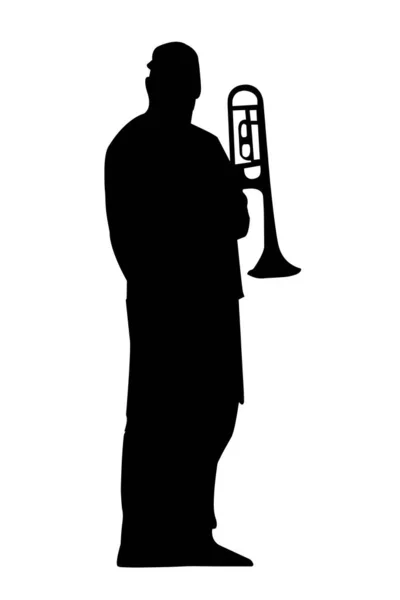 Beyaz Arka Planda Siyah Bir Trompetçi Silueti Müzisyen Elinde Bir — Stok Vektör