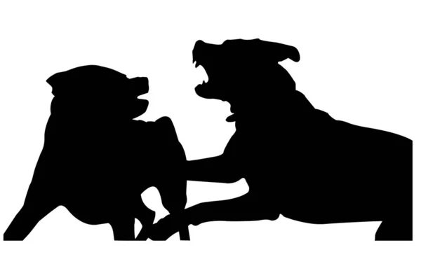 Black Silhouette Two Fighting Dogs Two Young Female Rottweilers Fighting — Stock Vector