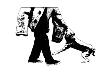 Siyah ve Beyaz Siluet Polis K9 eğitimi. Isırma tuzağıyla. Bir Amerikan Staffordshire Teriyeri özel kıyafetler giyen bir adama saldırıyor. Çalışan köpek eğitimi. Vektör illüstrasyonu