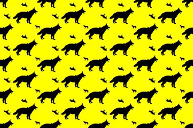 Alman çoban köpeğinin siyah silueti. Sarı arka planda köpek portresi var. Ağzı açık harika bir hayvan. Kusursuz desen