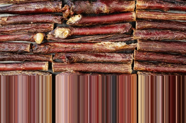 Dried Dog Treat Sticks Full Frame Dried Beef Esophagus Horizontally — Zdjęcie stockowe