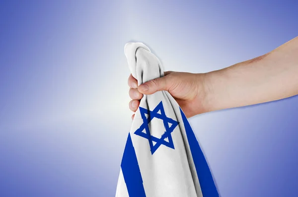 Bandiera Nazionale Dello Stato Israele Mano Uno Sfondo Colorato Uomo — Foto Stock