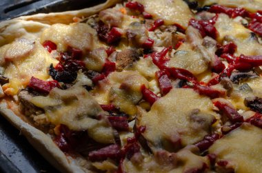 Ev yapımı bir pizza tepsisinin yakın çekimi. Salam, hindi, mantar, domates, sos, peynir. Yemek hazır..