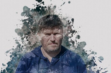 Dijital suluboya resim. Kısa gri saçlı olgun bir adamın çağdaş portresi. Mavi kapüşonlu gömlekli, kendinden emin bakışlı orta yaşlı bir adam. Modern sanat.