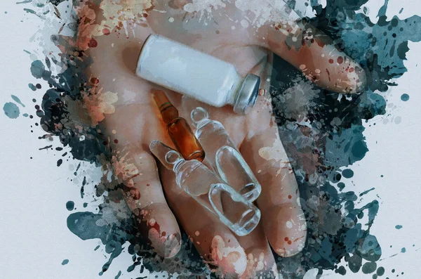 Digital Watercolor Painting Hand Three Ampoules Vial White Powder Glass — 图库照片