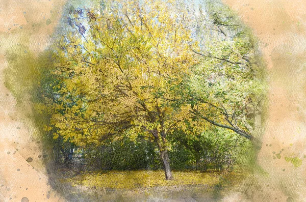 Digital watercolor painting of a lone tree with falling yellow l — стоковое фото