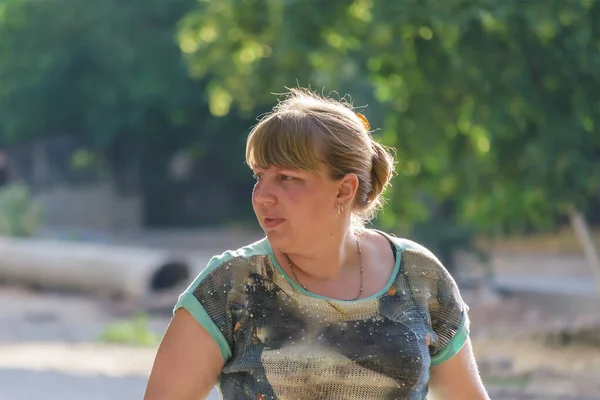 Middle Aged Woman Walks Sunny Summer Street Grown Woman Her — Stok fotoğraf