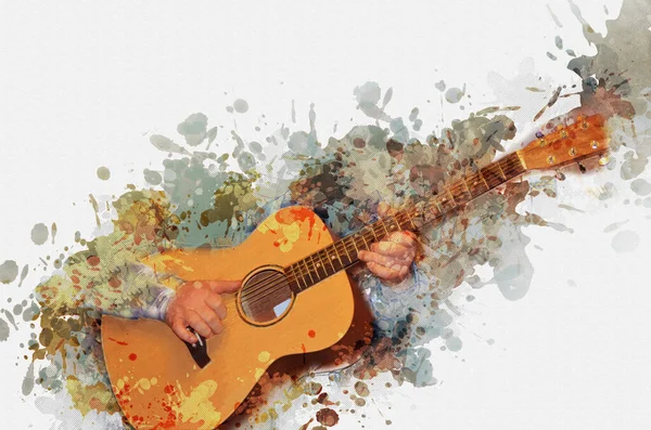 Digital watercolor painting of a senior male playing an acoustic guitar. Finger placement on the fingerboard of the guitar to play the notes by the guitarist. Contemporary art.