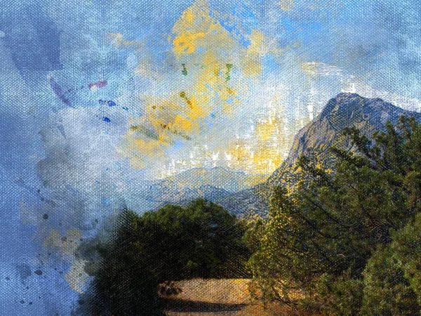 Pintura Aquarela Digital Paisagem Verão Colorido Com Árvores Verdes Montanhas — Fotografia de Stock