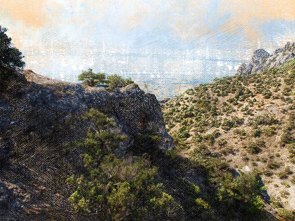 Digitální Akvarel Krásná Létající Krajina Zelenými Stromy Svazích Hor Proti — Stock fotografie