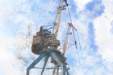 Endüstri. Gökyüzüne karşı eski iskele vinçleri. Boş bir rıhtımda arka arkaya paslı turnalar. Kargo taşıma ekipmanlarını değiştirip yeniliyorum. Dijital suluboya resim. Çağdaş sanat.