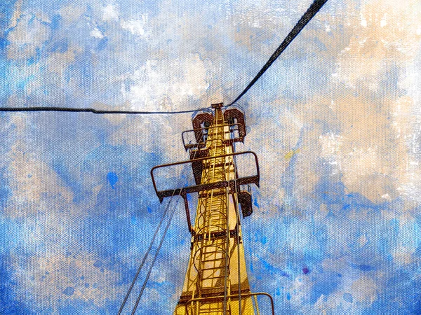 Digital Watercolor Painting Industry Yellow Boom Harbor Crane Blue Sky — Stock Photo, Image
