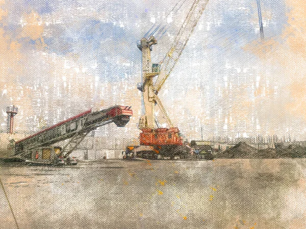 Digitale Kunst Industrie Mobiele Havenkraan Zelfrijdende Bandlader Kolenmagazijn Kraanvogel Wielen — Stockfoto