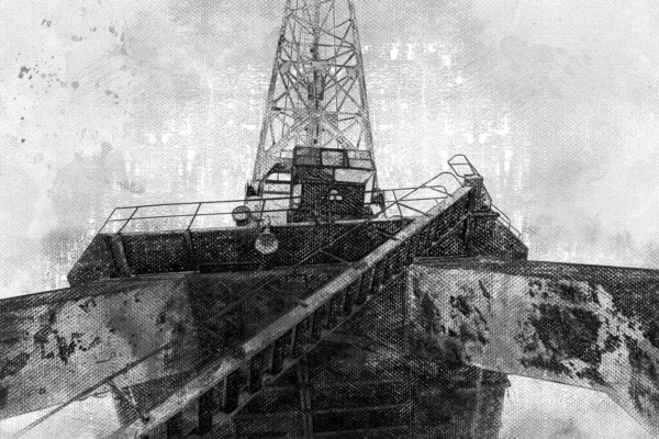 Digital Art. Industry. Bottom view of the harbor crane portal. Tall jib crane with pivoting tower against the sky. Steps. Spotlights. The crane operator\'s cabin. Monochrome. Modern art.