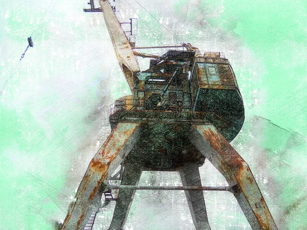 一只老旧生锈的港口起重机在天空中 被遗弃的港口或船厂 数字水彩画 当代艺术 — 图库照片