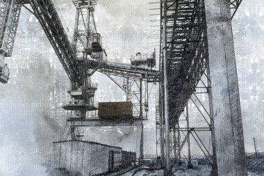 Dijital suluboya resim. Modern sanat. Endüstri. Limanda boş bir rıhtımda bir yükleme makinesi. Toplu kargoyu bir nakliye gemisinin ambarına yüklemek için konveyör sistemi.