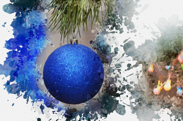 Bola Natal Azul Numa Árvore Natal Decoração Natal Com Guirlanda — Fotografia de Stock