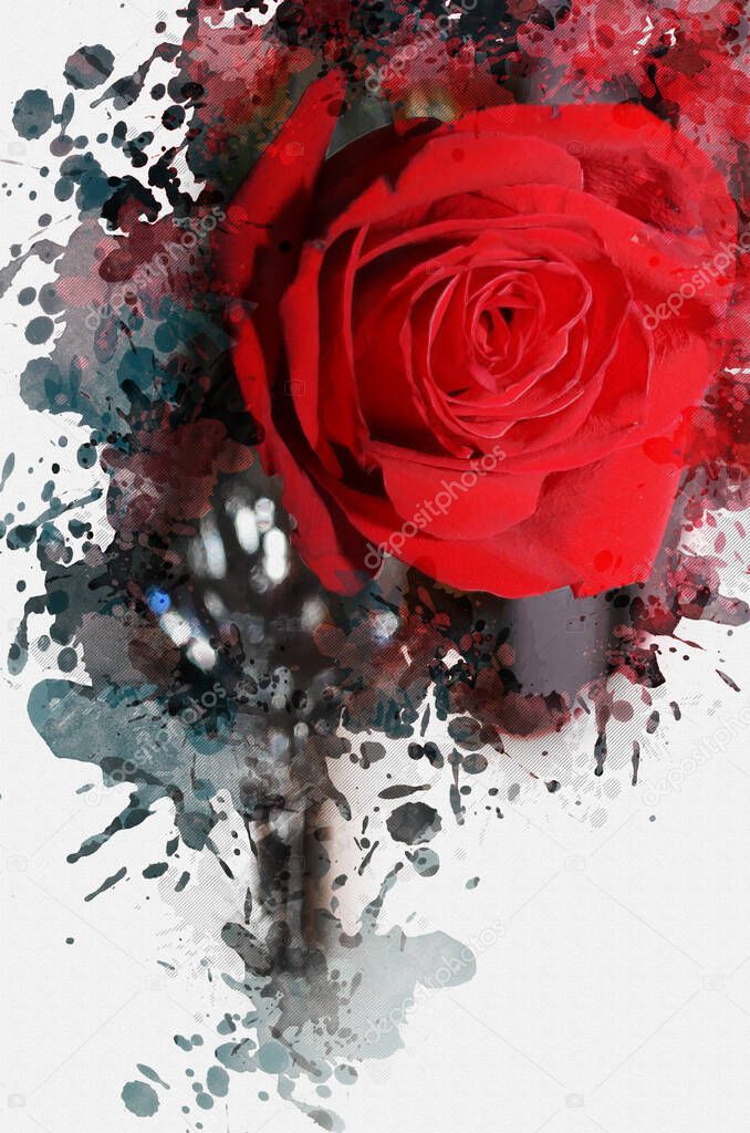 Close-up of a red rose. A beautiful flower against multicolored splashes and splotches of paint. Digital watercolor painting. Contemporary art.