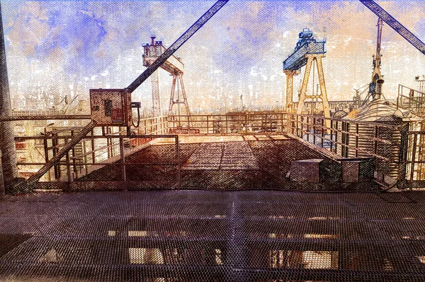 View High Construction Site Shipyard Two Giant Gantry Cranes Capacity — Stock Photo, Image